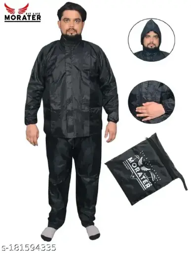 "MORATER" Unisex Trendy Raincoat with Pant, Hood and Bag (Color - Black)