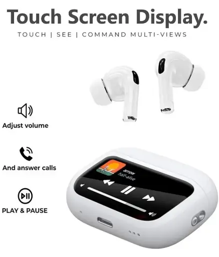 Vertical9 Touch Display Type C True Wireless (TWS) In Ear 10 Hours Playback Active Noise cancellation IPX4(Splash & Sweat Proof) White Earbud